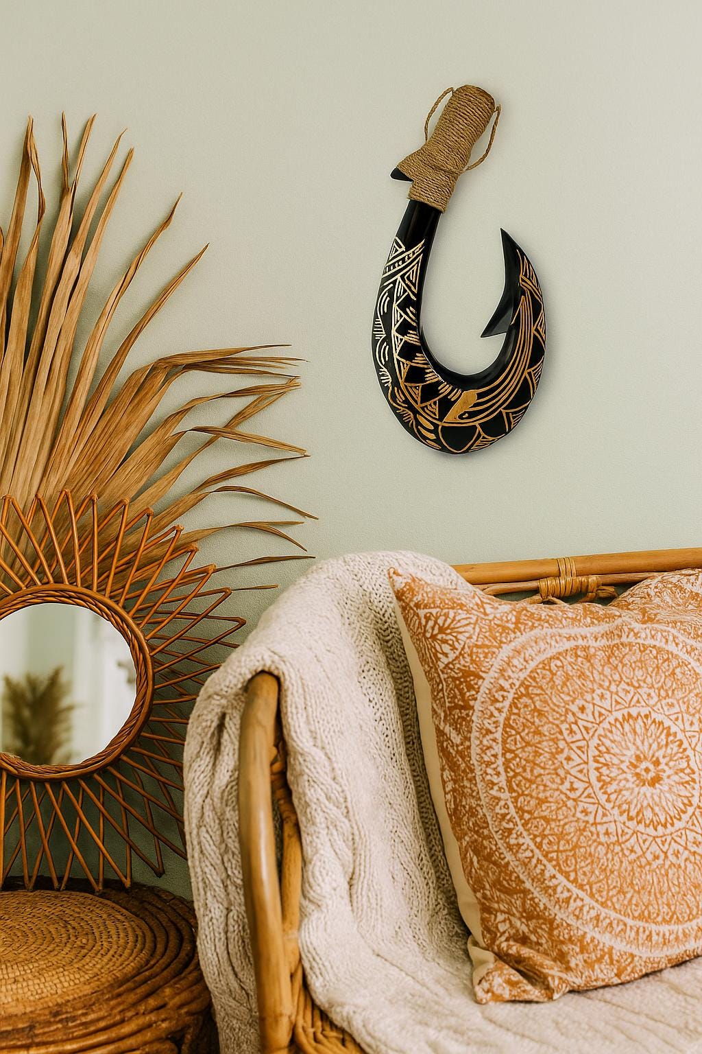 Handmade Polynesian Fish Hook Wall Decor – Engraved Hei Makau
