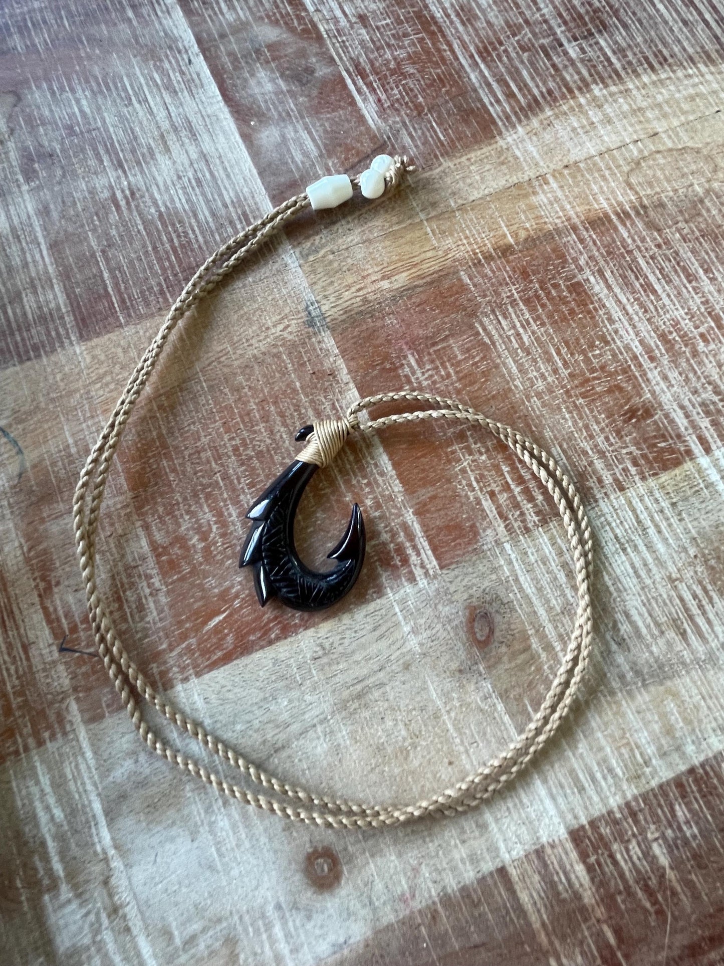 34” Solid Black Horn Handcarved Makau (Fish Hook) Necklace - Adjustable Surfer Cord
