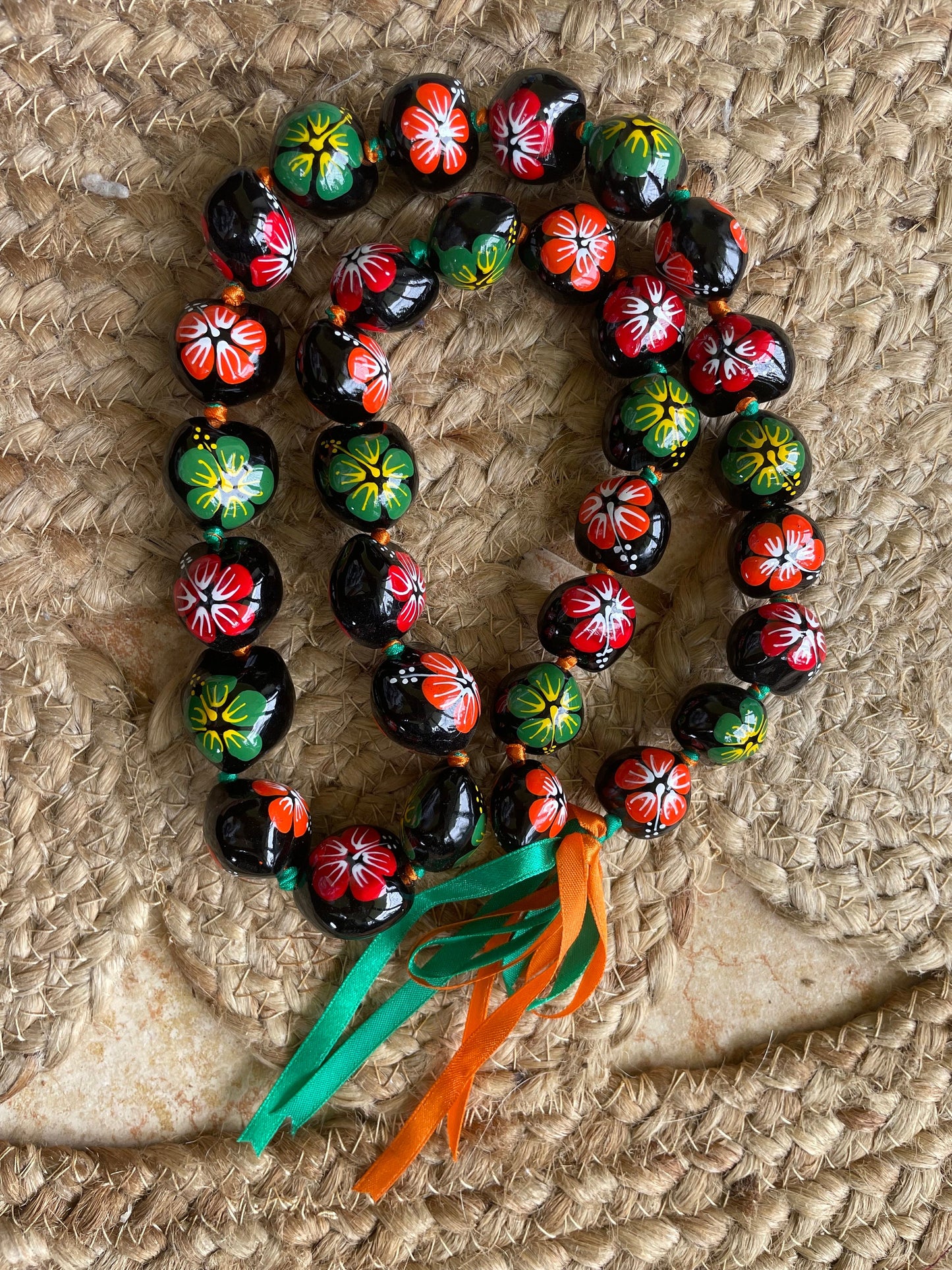 Hand Painted Kukui Nut Lei: Multi-Colored Hibiscus, Ribbon Tie