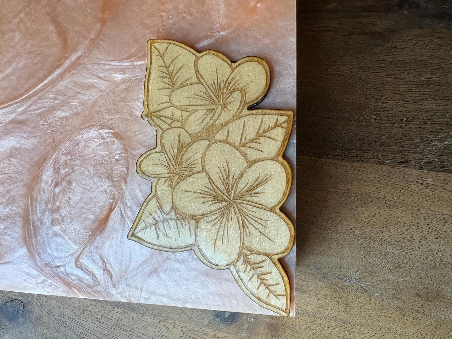 Hand-Crafted Polynesian & Micronesian Wooden and Faux Shell Inlay Box with a Plumeria Burned Wood Decor
