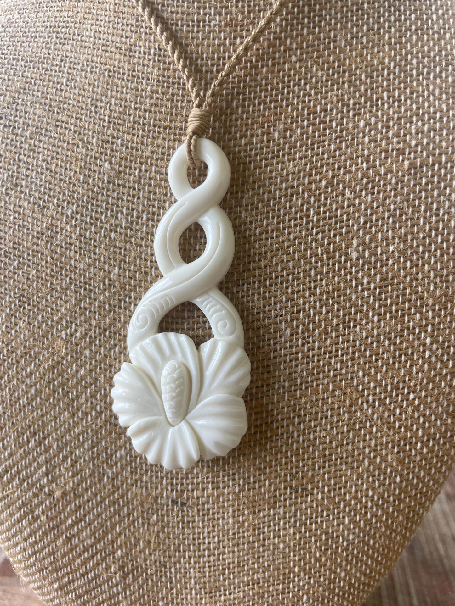 Hand Carved Bone Hibiscus Pendant Necklace - Adjustable Cord, Polynesian Jewelry