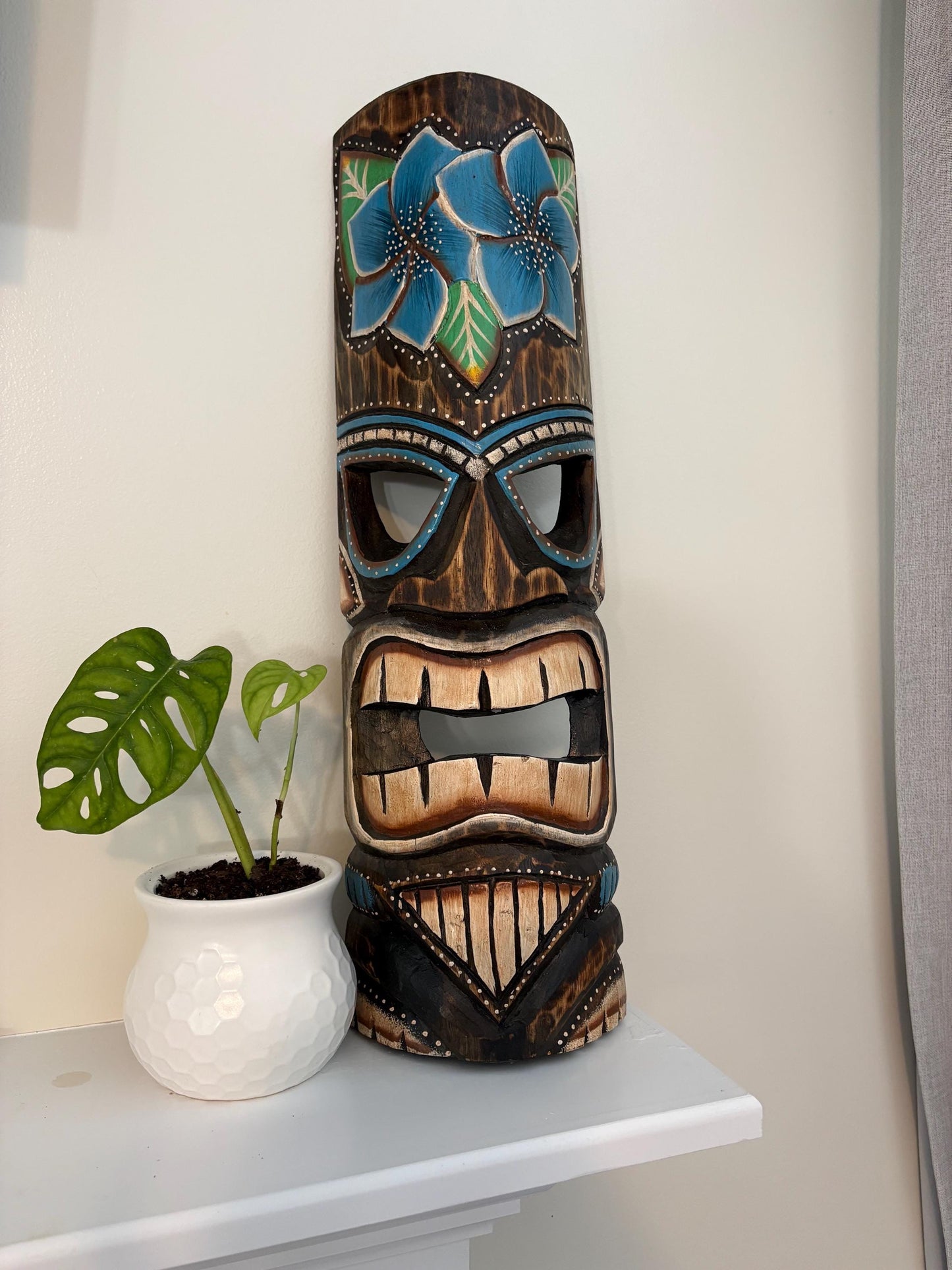 Blue Plumeria Hawaiian Tiki - Lightweight Teakwood Handcarved and Handpainted Display