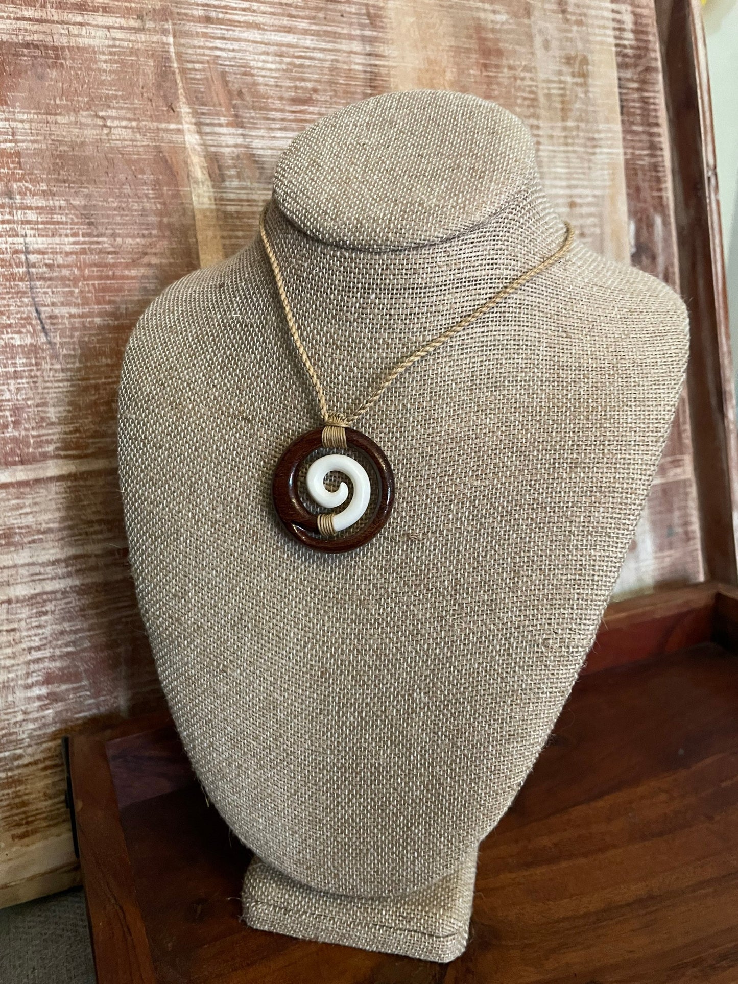 Solid Buffalo Bone and Koa Wood Adjustable Koru Necklace- Hawaiian Representation “Never Give-Up”