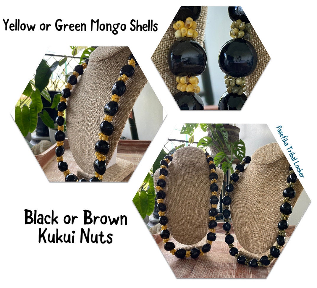Authentic Kukui Nut Lei – Mongo Shell Necklace, Adjustable Ribbon