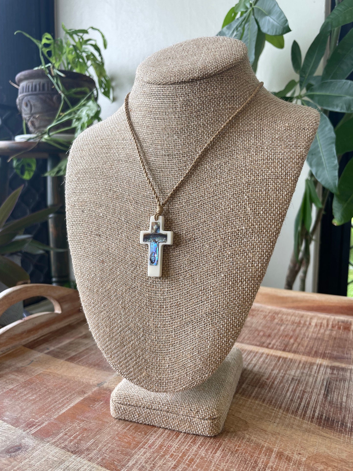 Christian Bone and Abalone Shell Cross Adjustable Necklace Polynesian Handcrafted Surfer Style