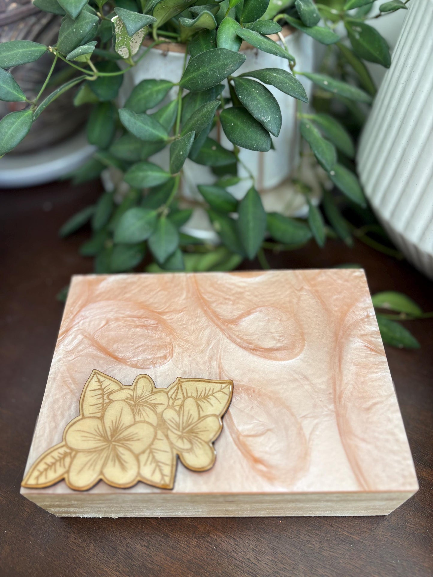 Hand-Crafted Polynesian & Micronesian Wooden and Faux Shell Inlay Box with a Plumeria Burned Wood Decor