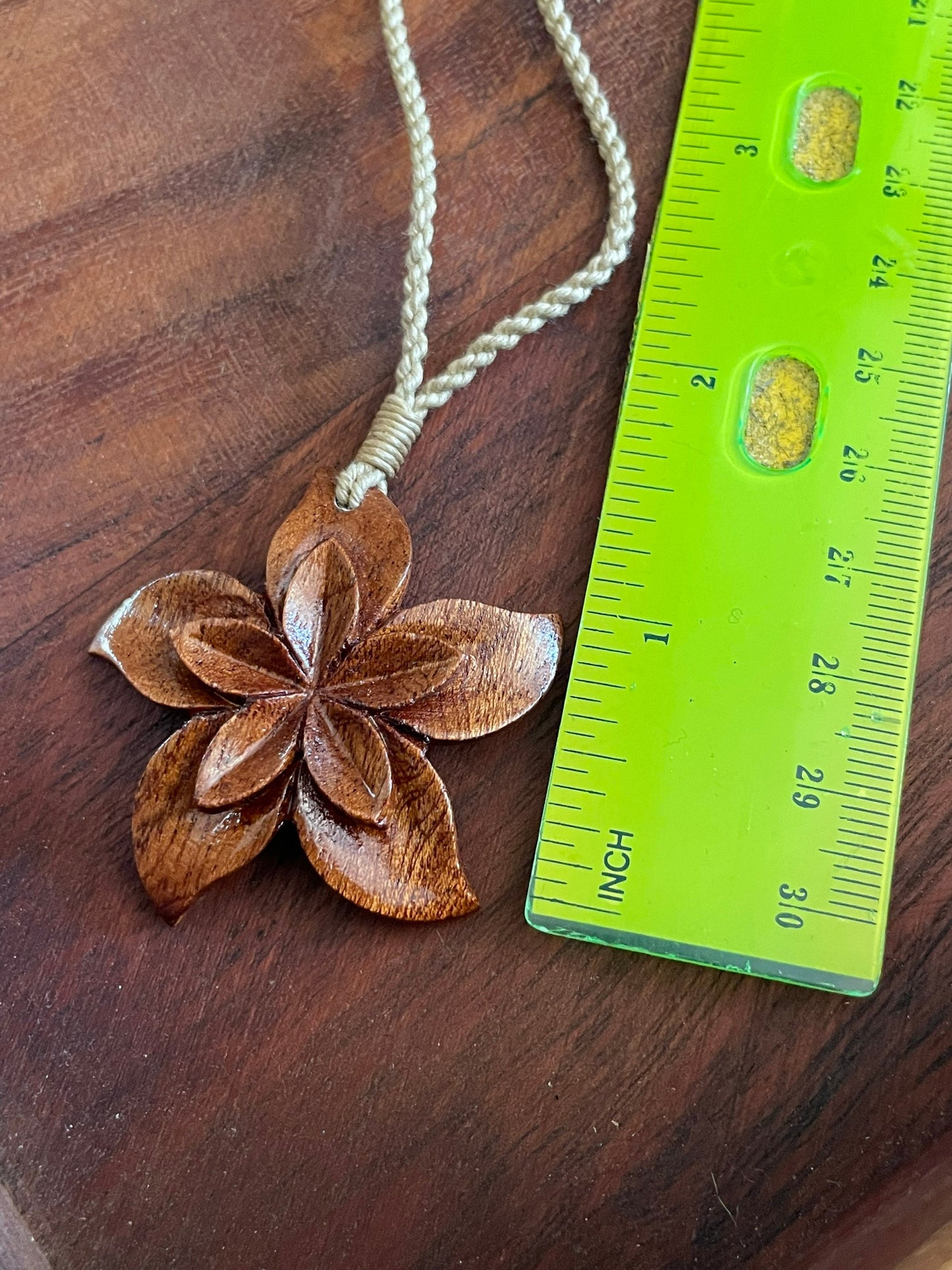 Hand Carved Koa Wood Plumeria Necklace - Adjustable Hemp Cord