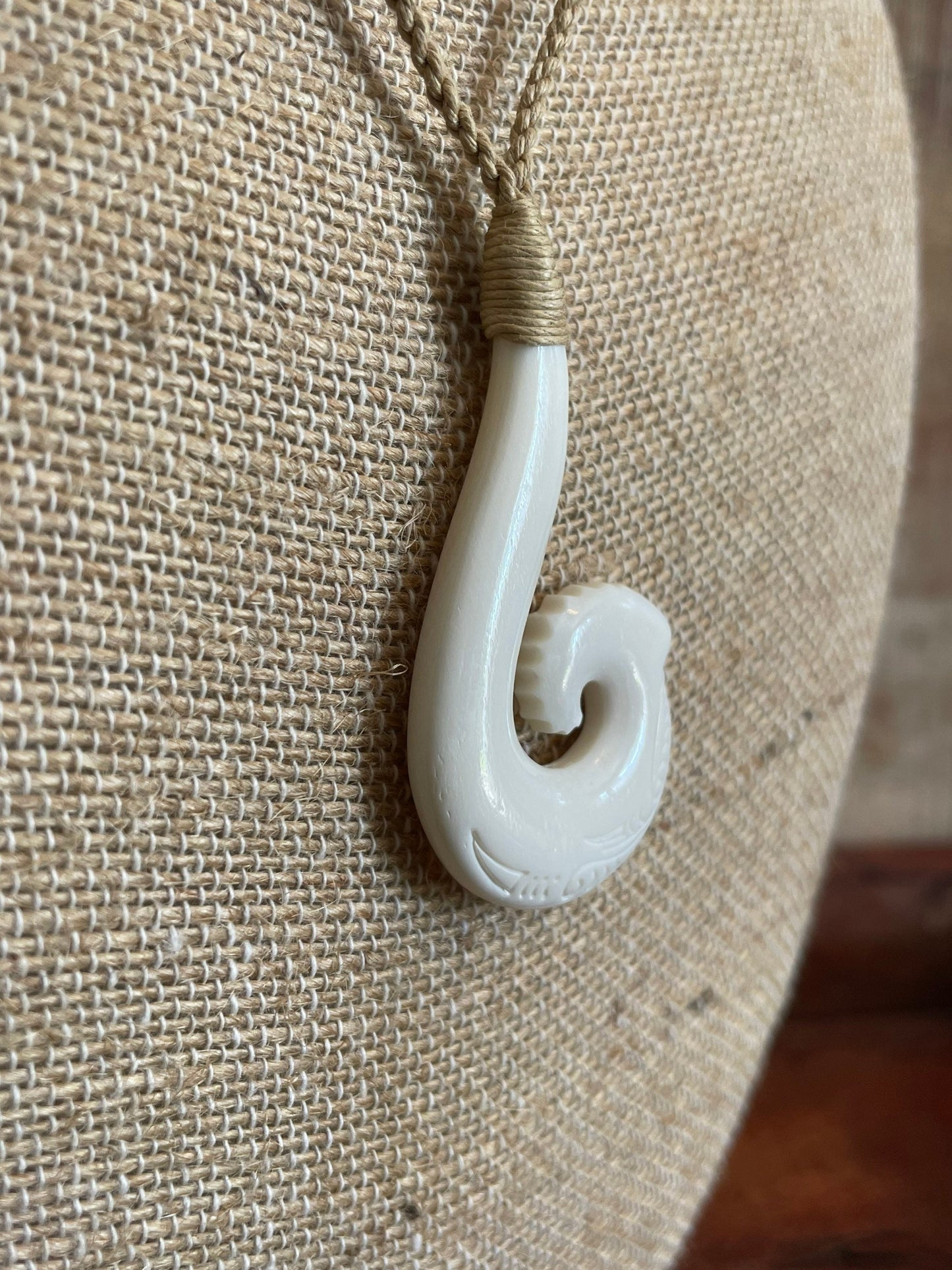 Hand Carved Buffalo Bone Makau Necklace - Adjustable Hawaiian Fish Hook