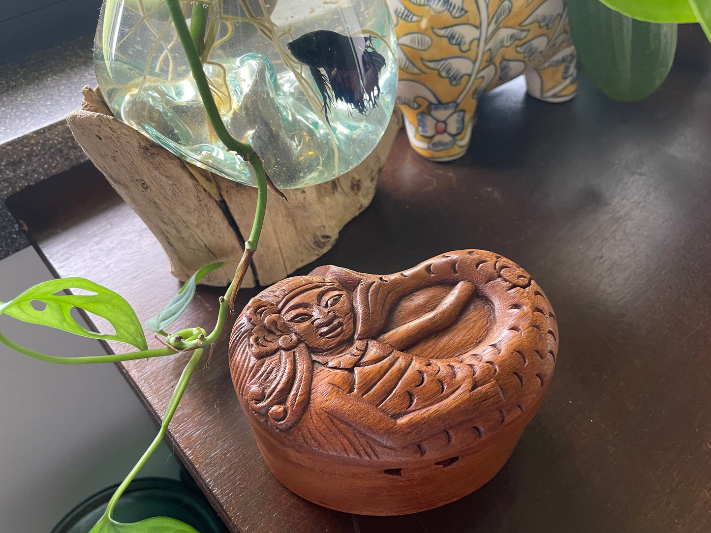 Hand Carved Mermaid Puzzle Box – Sea Hibiscus Wood Hidden Compartment