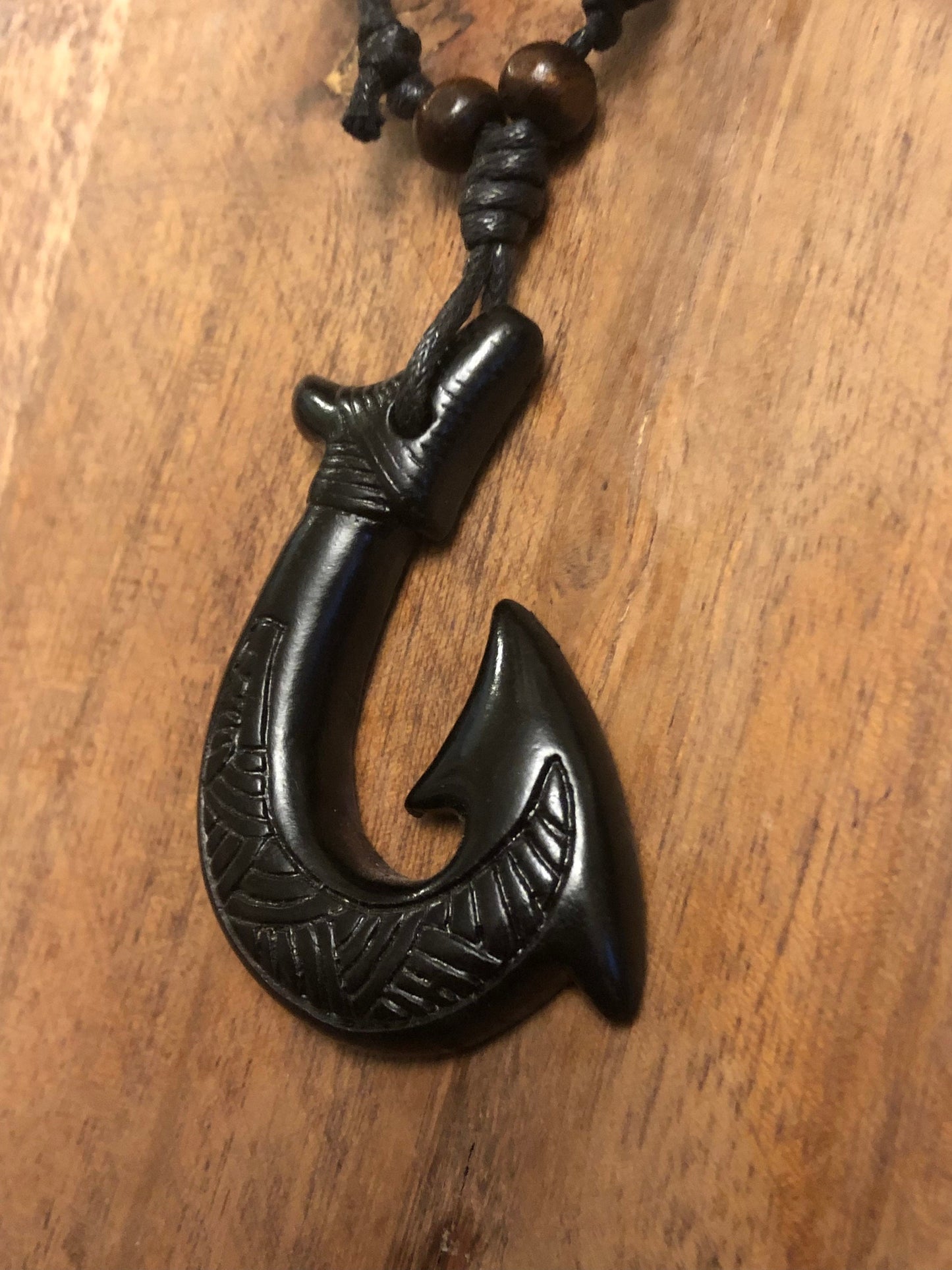 Tribal Styled Polynesian Handcrafted Makau or Fish Hook Adjustable Bone and Resin Necklace