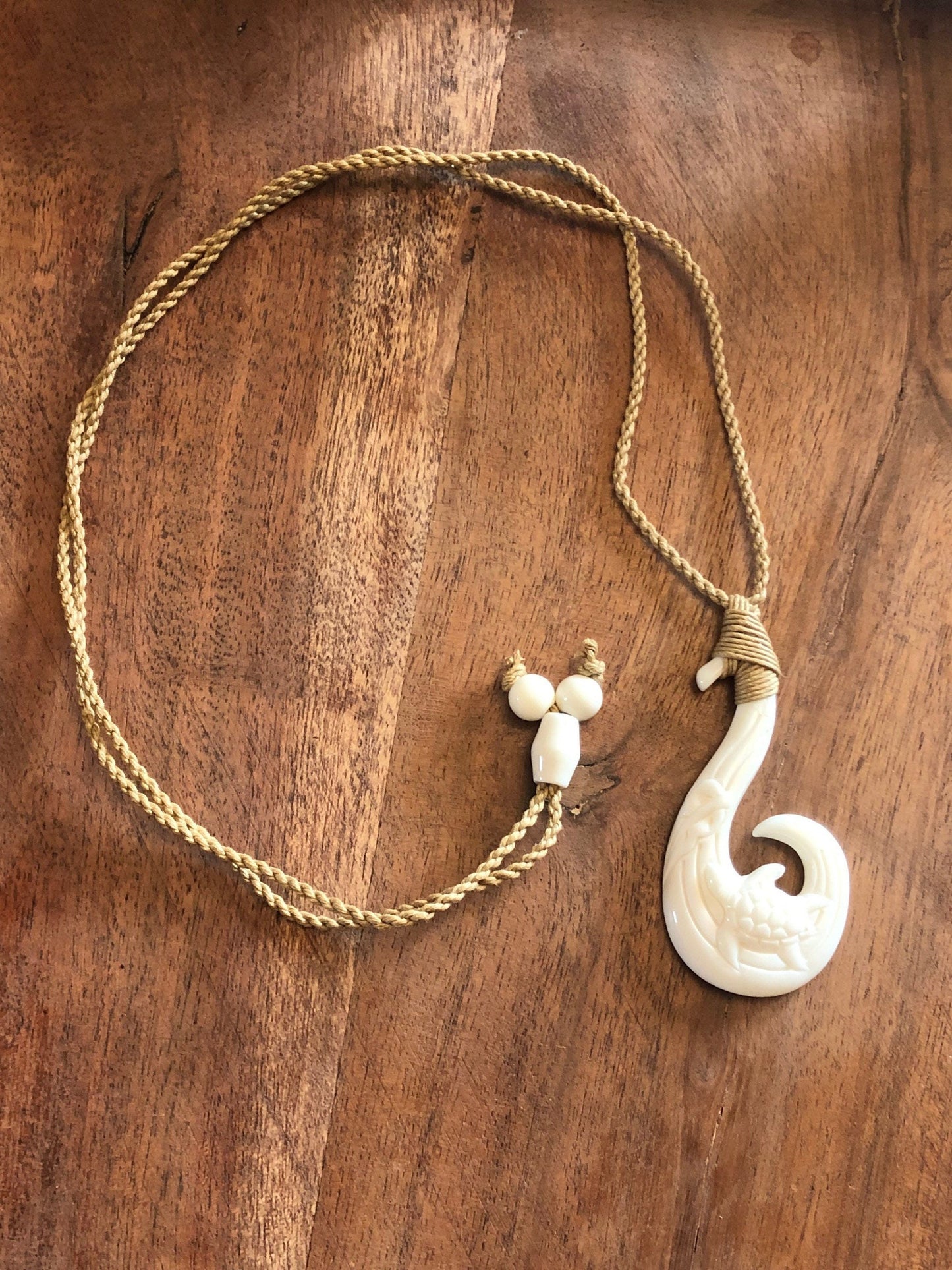 Hand Carved Buffalo Bone Fish Hook Necklace - Honu Sea Turtle Makau
