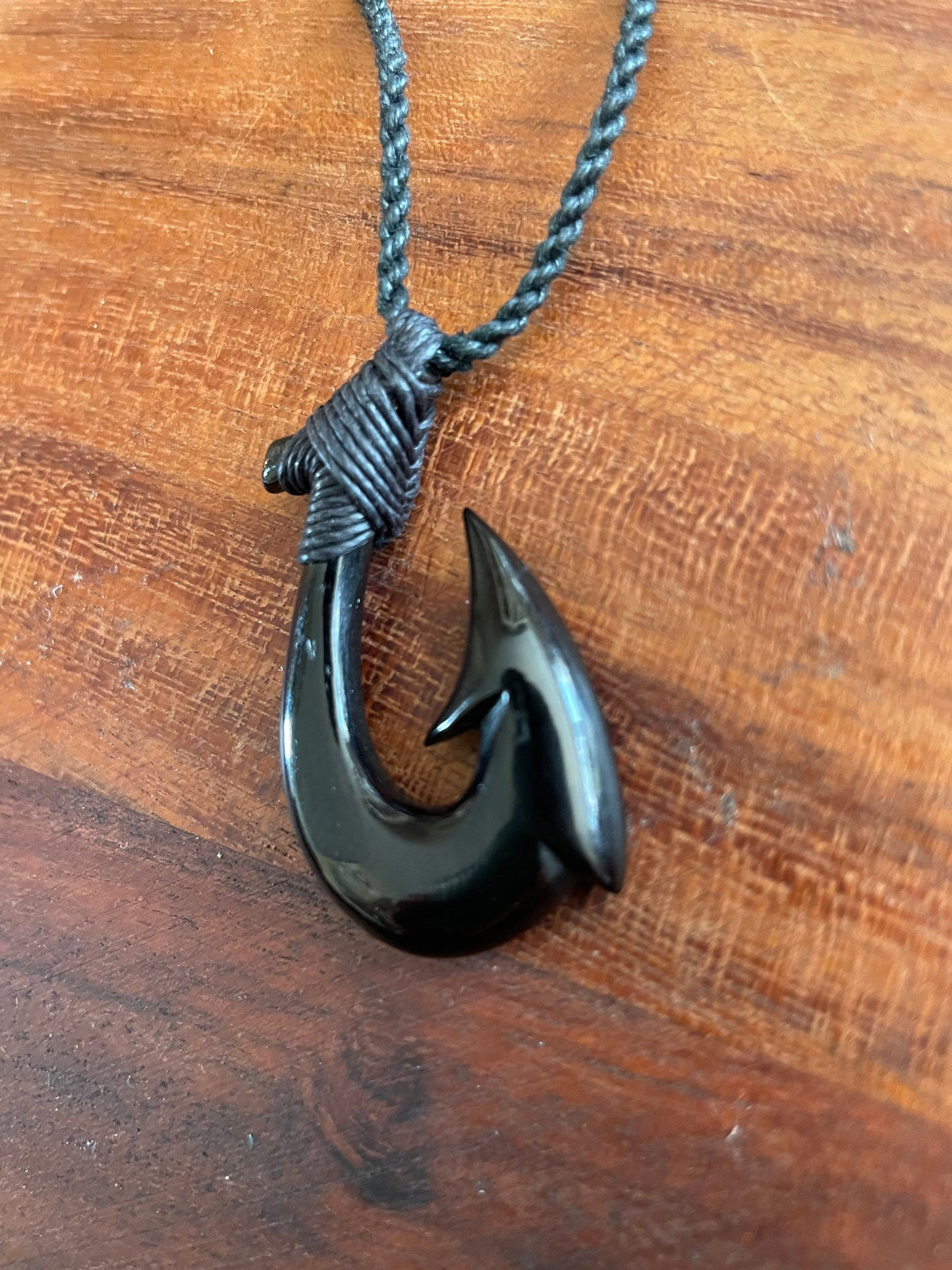 Onyx Solid Buffalo Bone/Horn, Hand Carved, Hei Makau ( Fish Hook) Adjustable Necklace