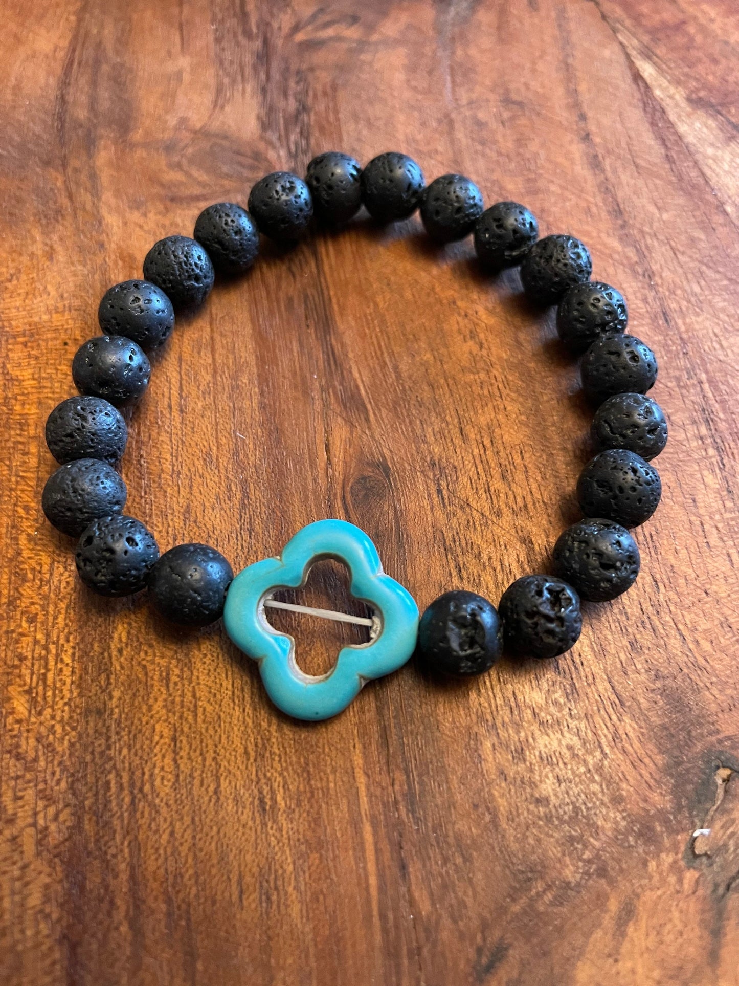 Authentic Lava Bead Elastic Bracelet with Clay Bead Clover Accent