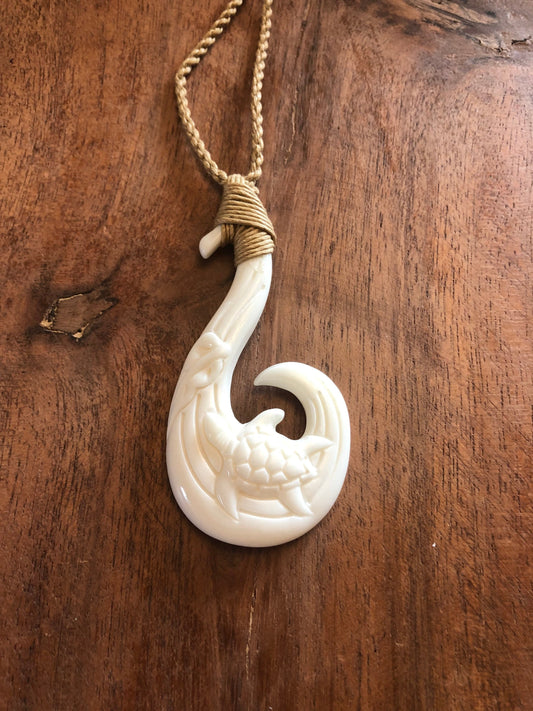 Hand Carved Buffalo Bone Fish Hook Necklace - Honu Sea Turtle Makau