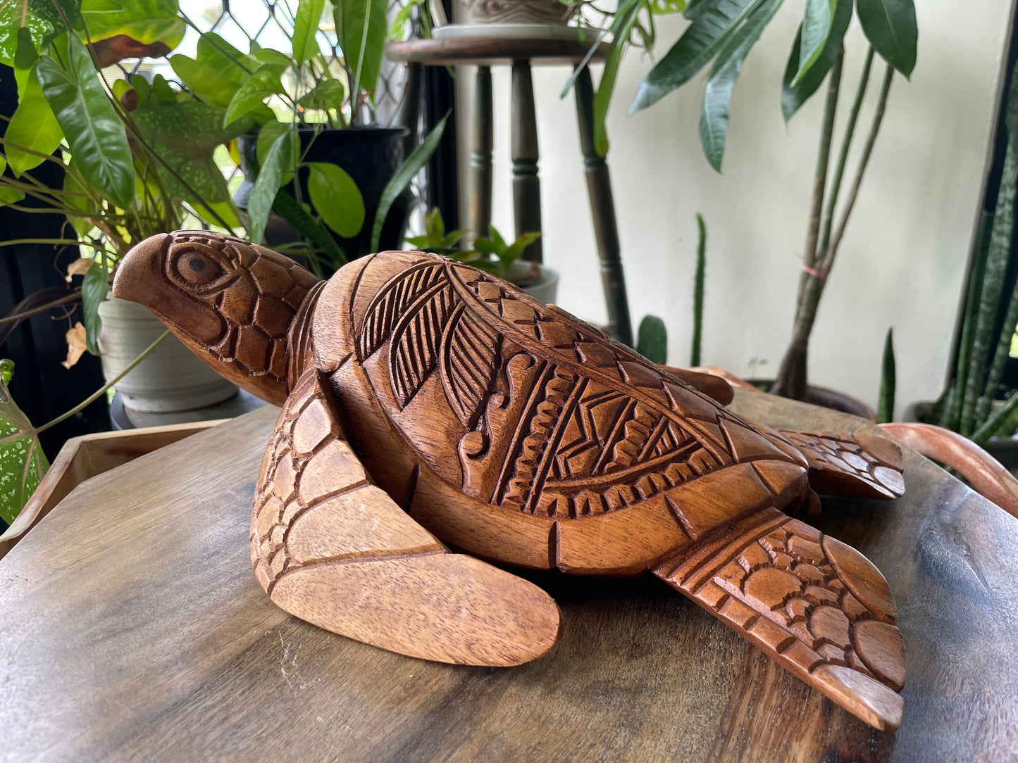 Hand Carved Wood Sea Turtle Decor, Tribal Palm Tree Design