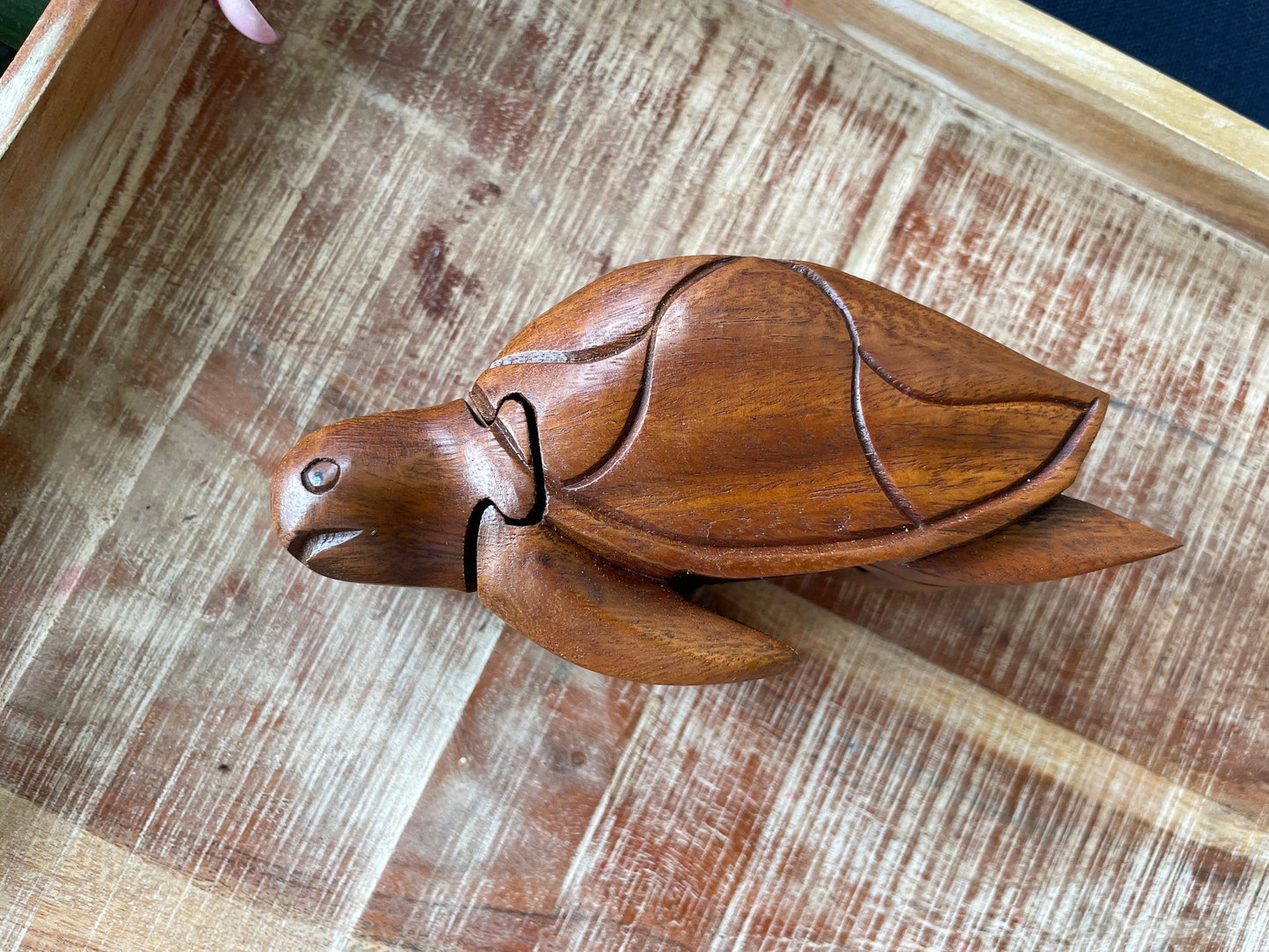 Handmade Sea Hibiscus Wood Turtle Puzzle Box – Hidden Compartment