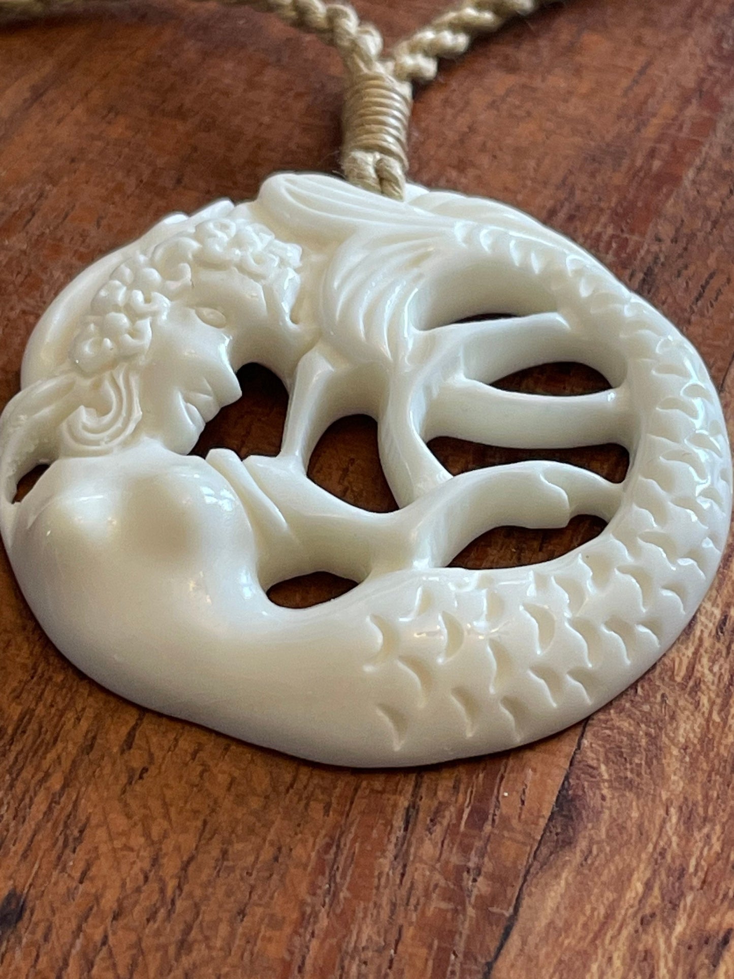 Hand Carved Buffalo Bone Mermaid Necklace - Polynesian Boho Jewelry