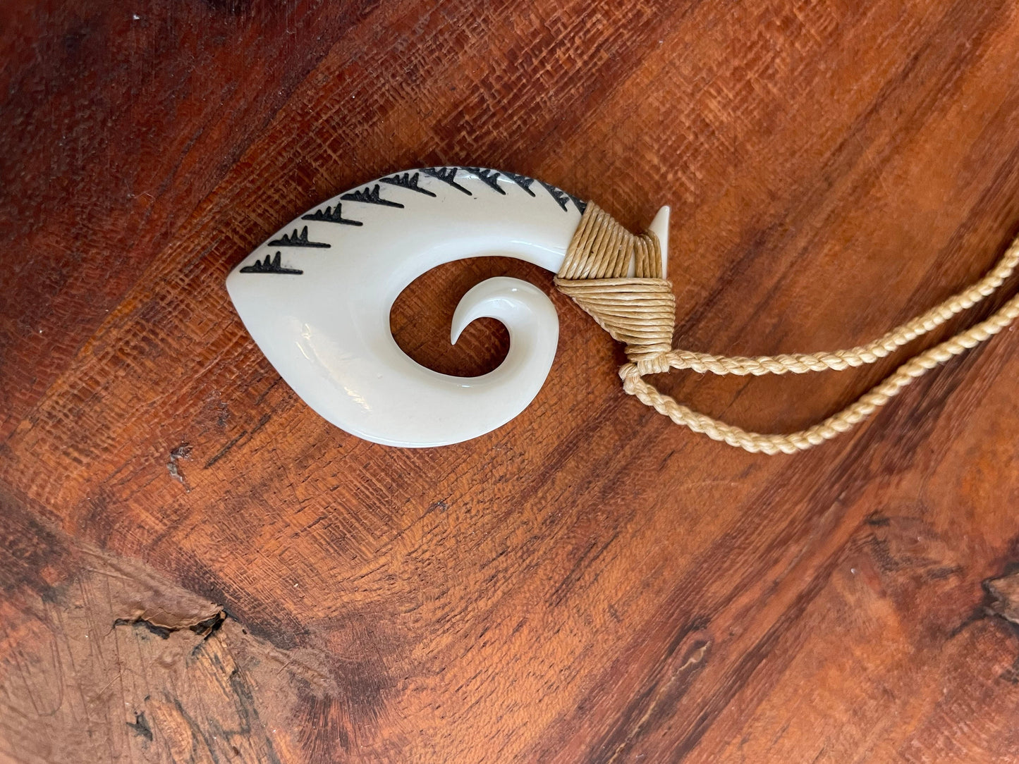 Hand Carved Buffalo Bone Makau Fish Hook Necklace - Koru Tip, Surfer Cord