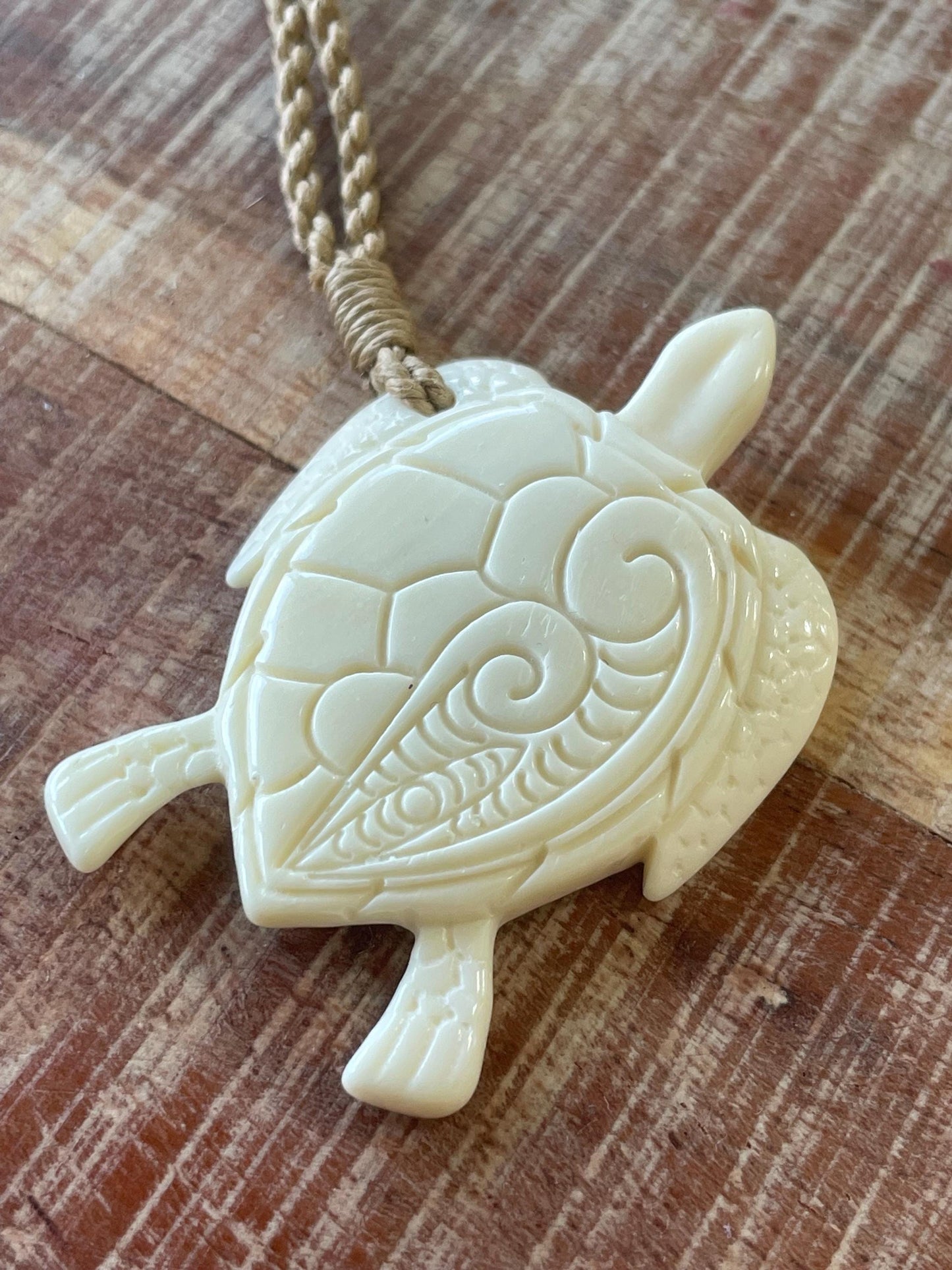 Hand Carved Buffalo Bone Sea Turtle Pendant – Adjustable Necklace