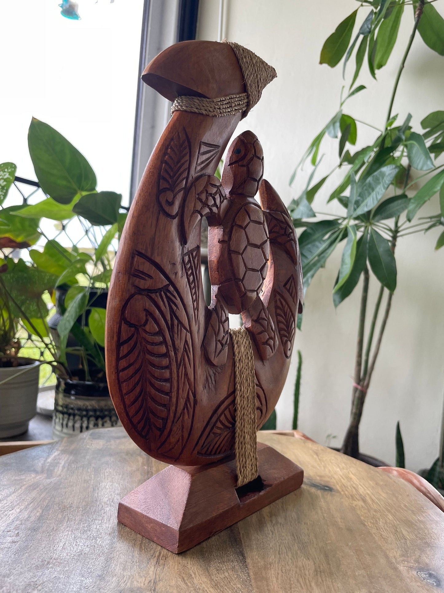 Amazingly Detailed Solid Sea Hibiscus Wood- Hand-Carved Makau with Honu or Sea Turtle on a Base. Beautiful Tribal Designs