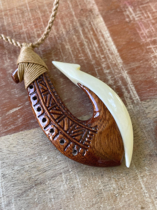 Handcarved Bone & Koa Wood Makau Necklace – Adjustable Cord