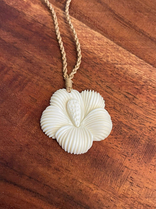 Hand Carved Bone Hibiscus Pendant: Polynesian Boho Necklace