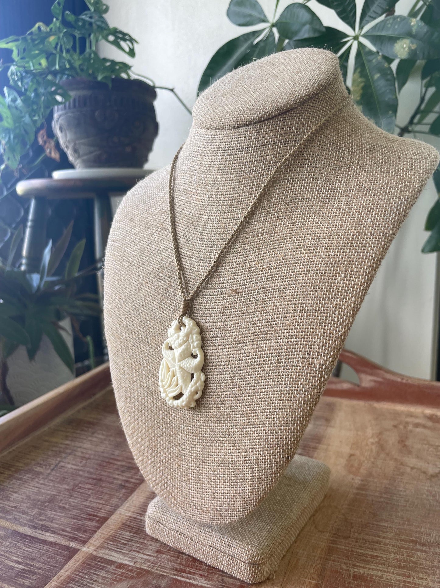 Hand Carved Buffalo Bone Starfish Pendant, Adjustable Surfer Cord
