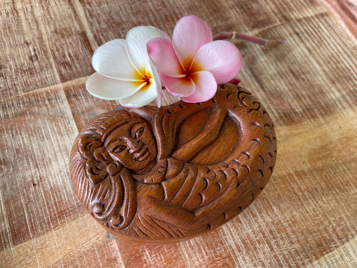 Hand Carved Mermaid Puzzle Box – Sea Hibiscus Wood Hidden Compartment