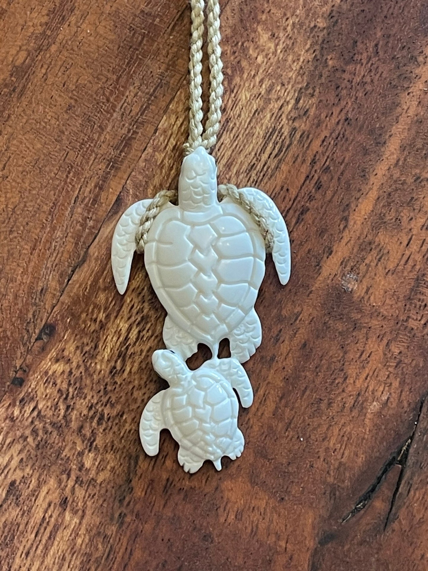 Sweet Pair of Polynesian Sea Turtles Carved from Solid Bone Adjustable Necklace