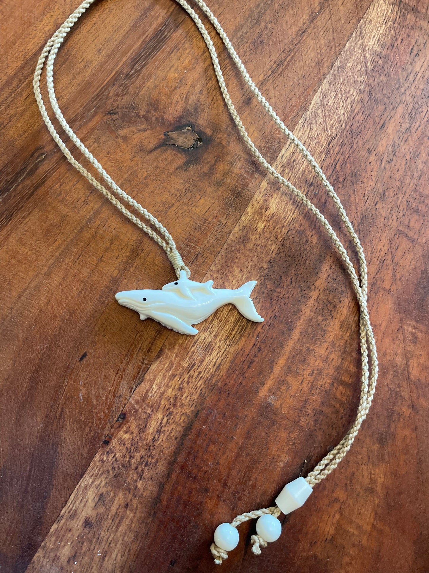 Hand Carved Bone Whale Necklace, Polynesian Mother and Baby
