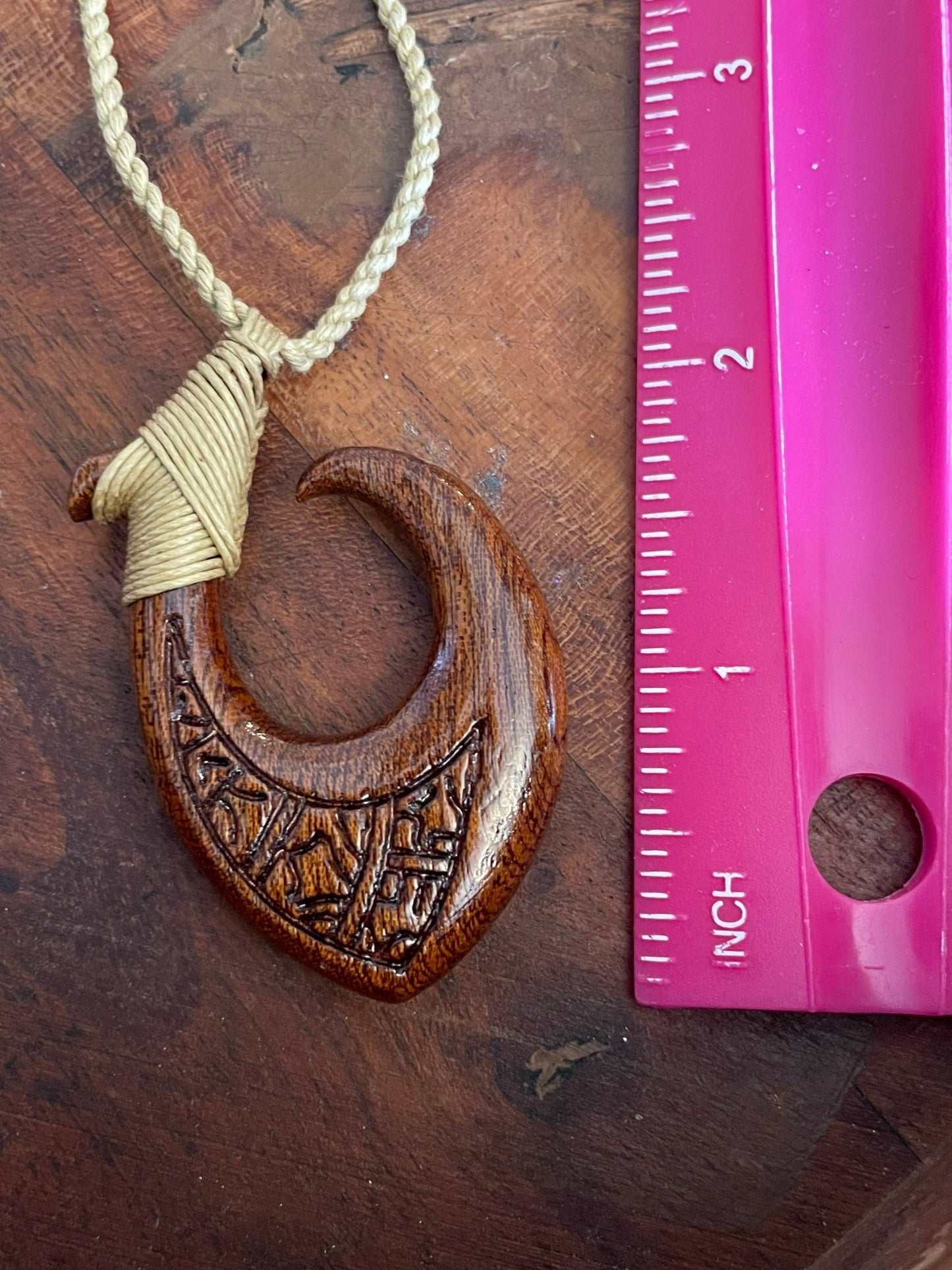 Hand Carved Koa Wood Makau Necklace, Polynesian Engraving