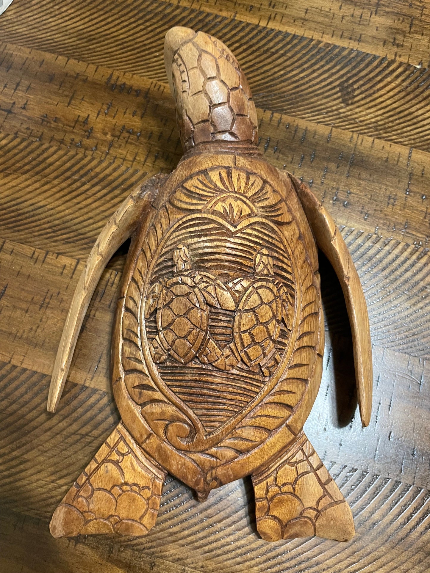 Hand Carved Wood Sea Turtle Decor, Dual Turtle Design, 12 inch