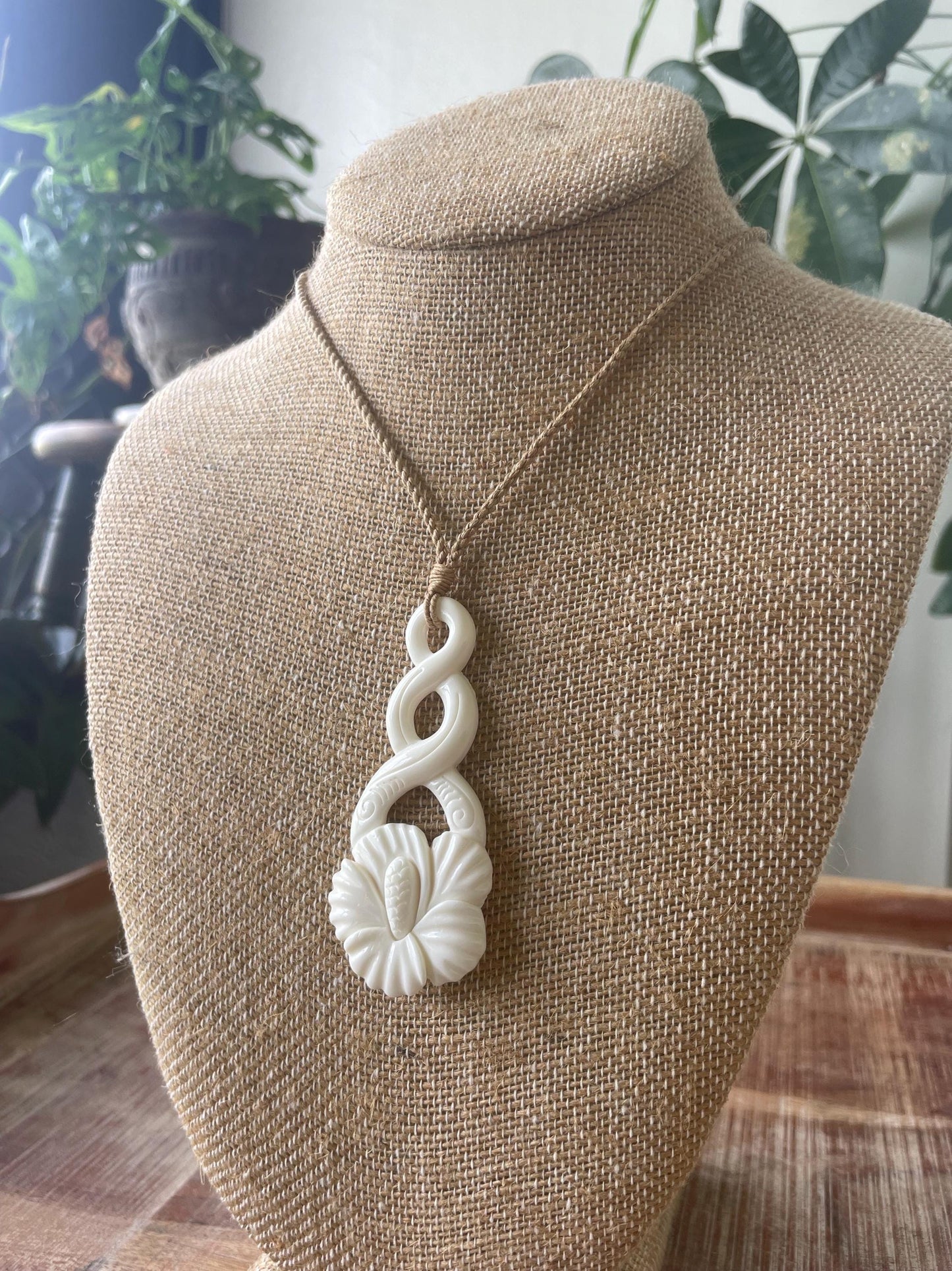 Hand Carved Bone Hibiscus Pendant Necklace - Adjustable Cord, Polynesian Jewelry