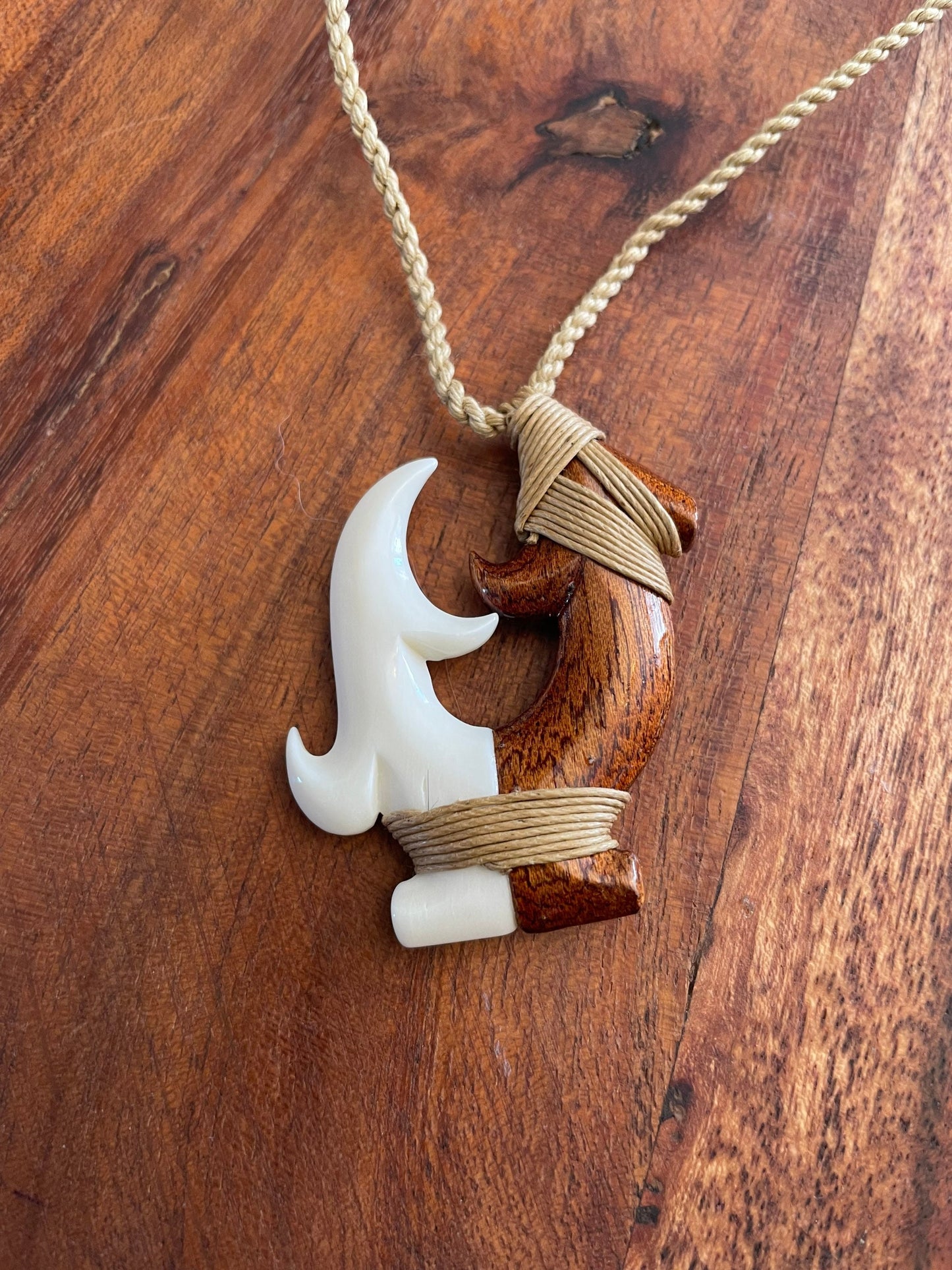 Hand Carved Koa Wood Fish Hook Necklace - Buffalo Bone Makau