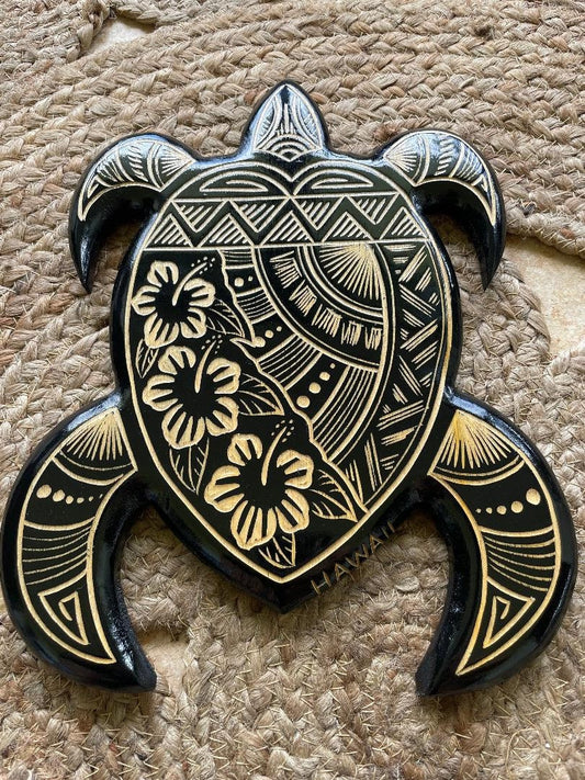 Hand Carved Polynesian Sea Turtle Plaque with Hibiscus