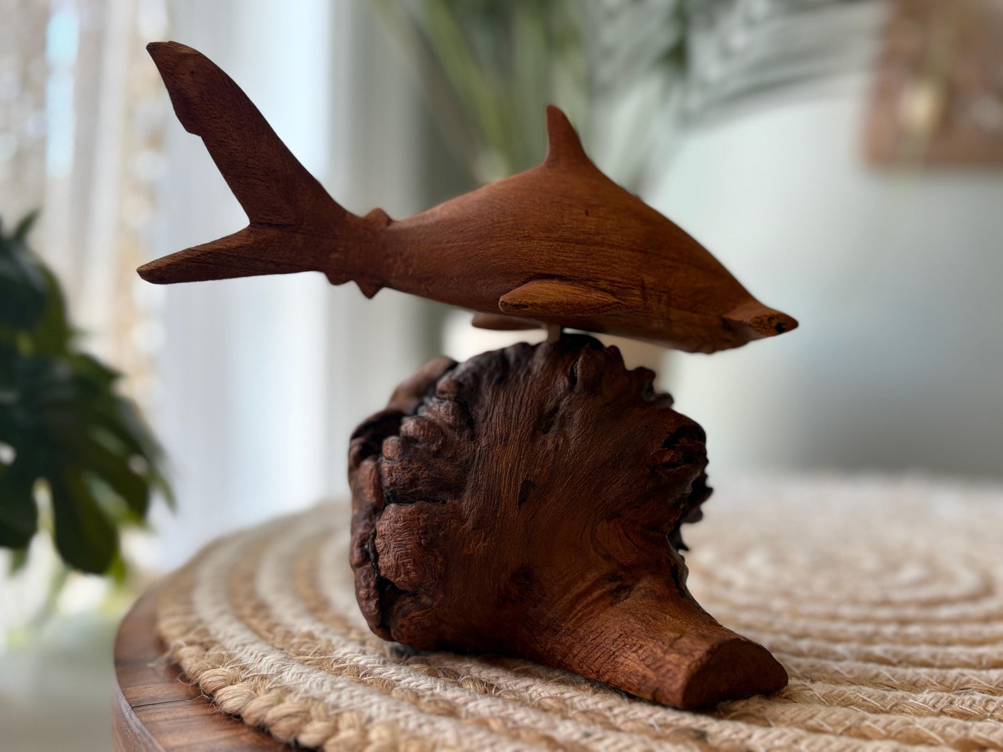 Hand Carved Hammerhead Shark Sculpture on Leech Wood