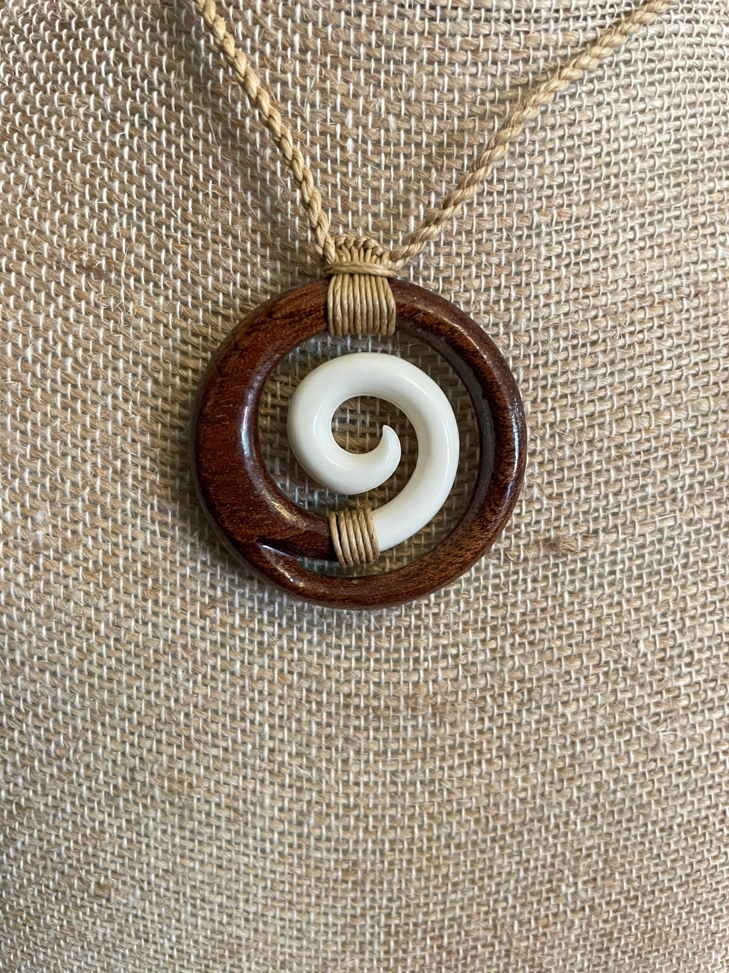 Solid Buffalo Bone and Koa Wood Adjustable Koru Necklace- Hawaiian Representation “Never Give-Up”