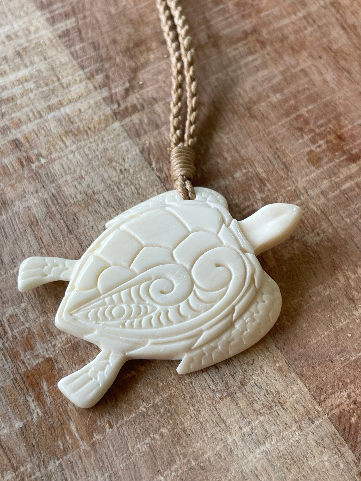 Hand Carved Buffalo Bone Sea Turtle Pendant – Polynesian Koru Necklace