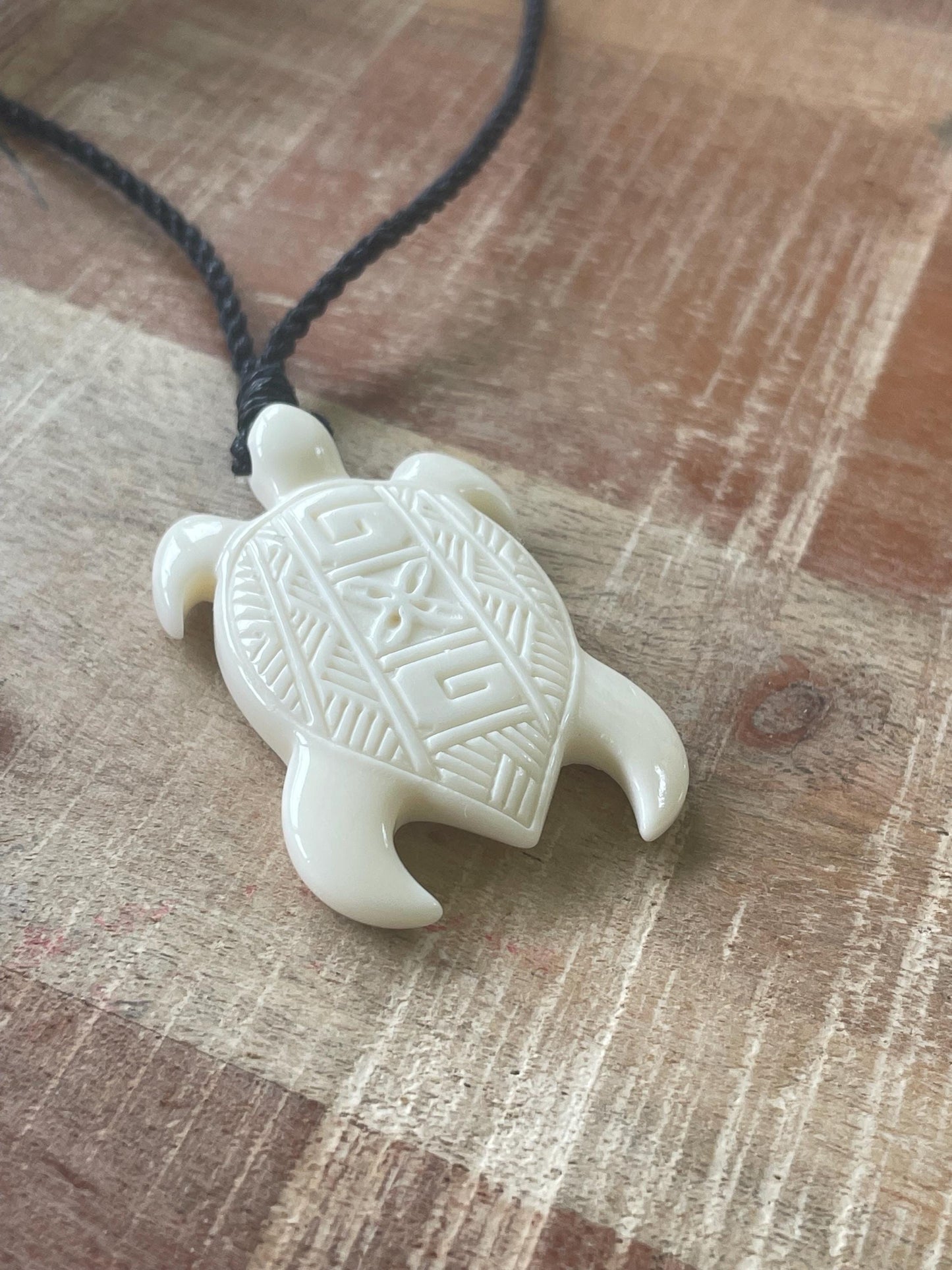 Hand Carved Buffalo Bone Sea Turtle Pendant - Adjustable Boho Necklace