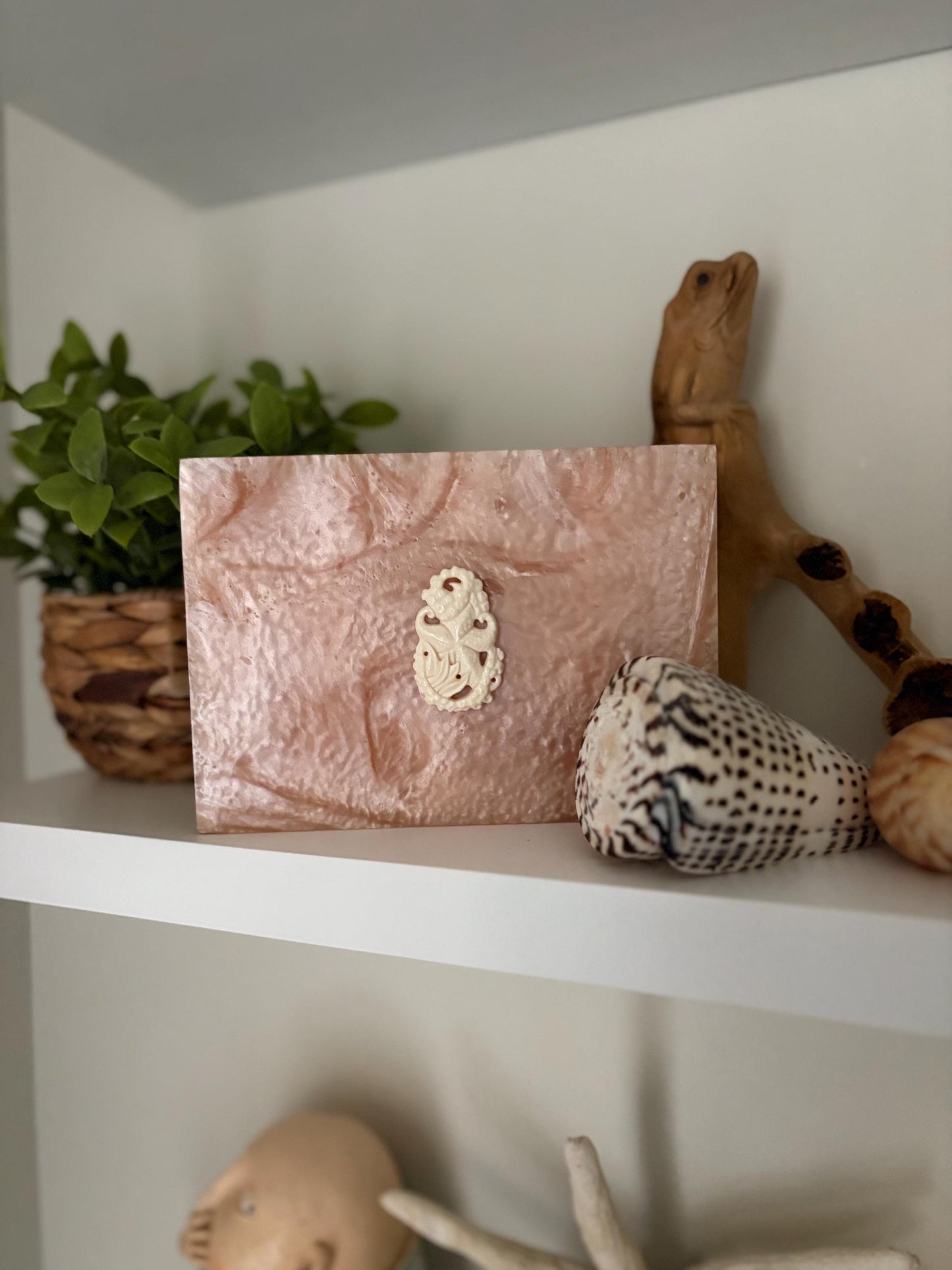 Hand-Crafted Polynesian & Micronesian Wooden and Faux Shell Inlay Box with Bone Starfish Decor