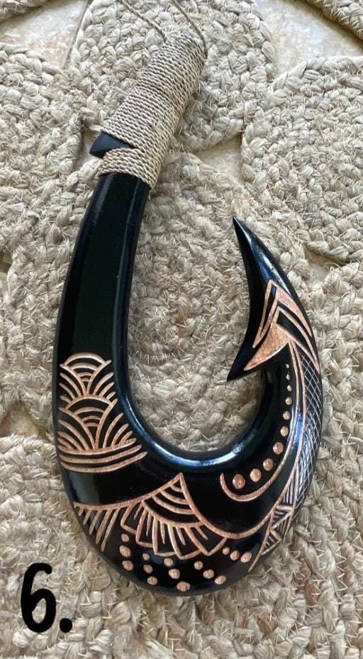 Handmade Polynesian Fish Hook Wall Decor – Engraved Hei Makau