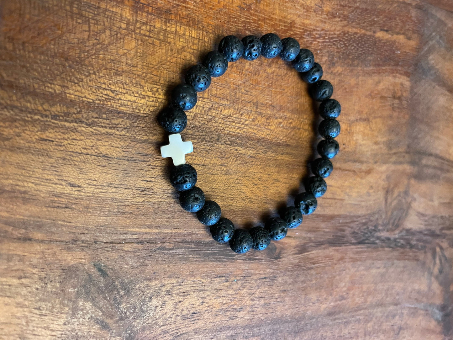 Petite 6mm Lava Bead Elastic Bracelet with Clay Cross Accent Bead