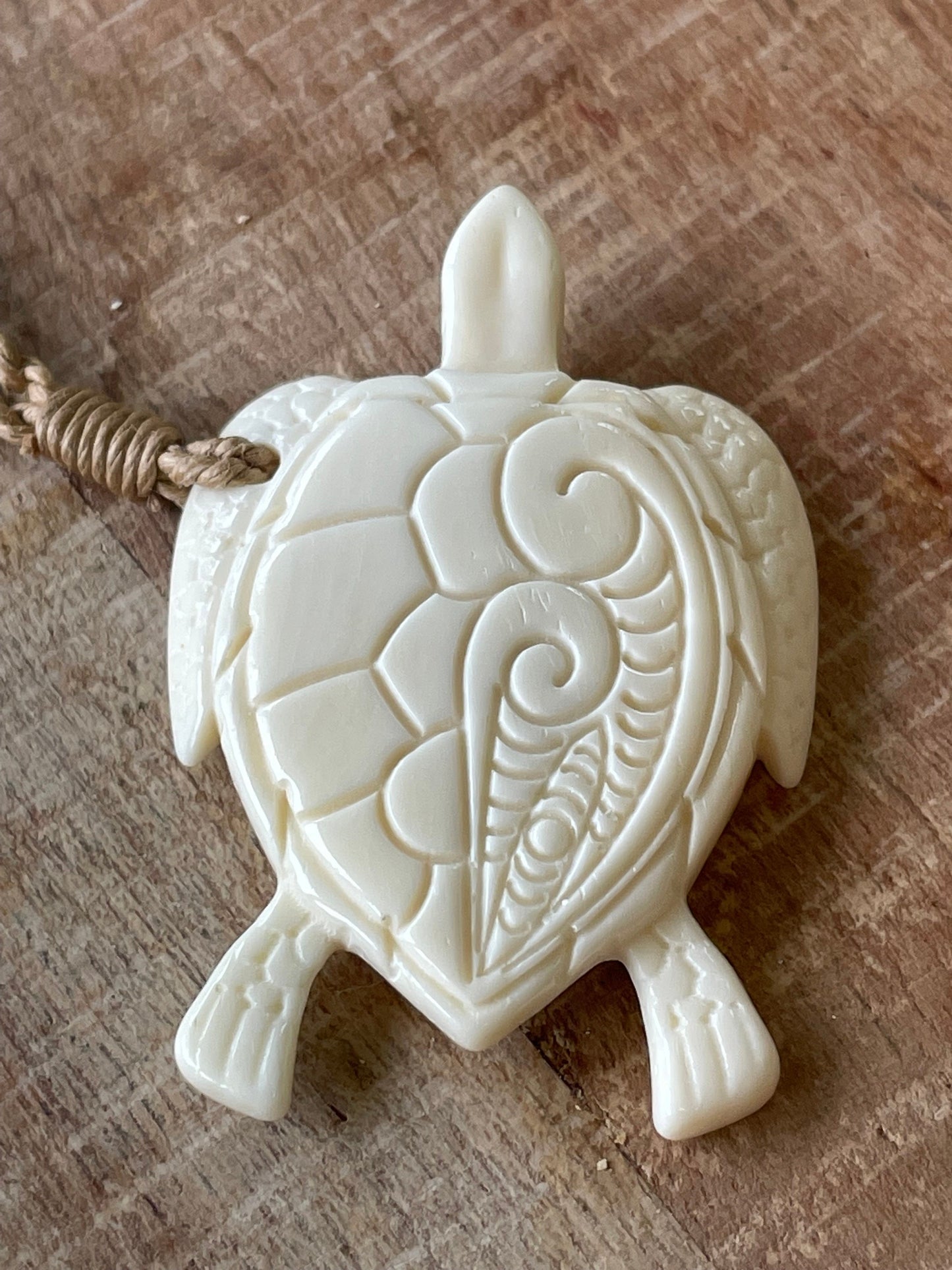 Hand Carved Buffalo Bone Sea Turtle Pendant – Polynesian Koru Necklace