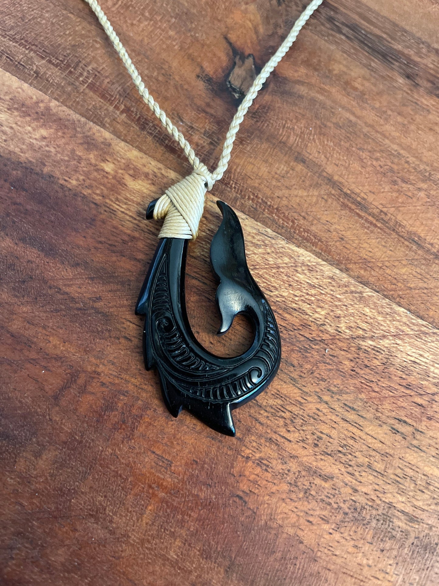 Hand-Carved Buffalo Bone Makau Necklace: Polynesian Fish Hook & Whale Tail