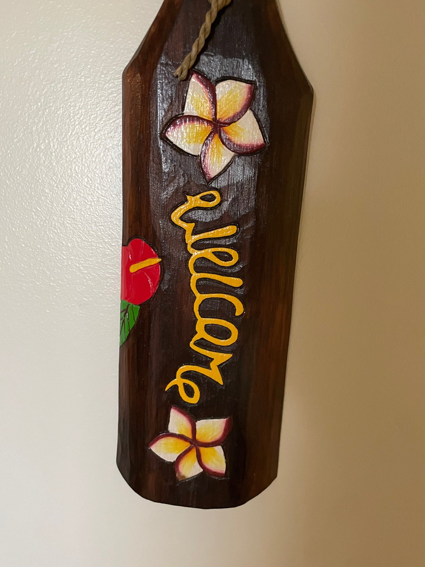 Hand Carved and Brightly Hand Painted Solid Wood Welcome Hawaiian Paddle Adorned with Flowers