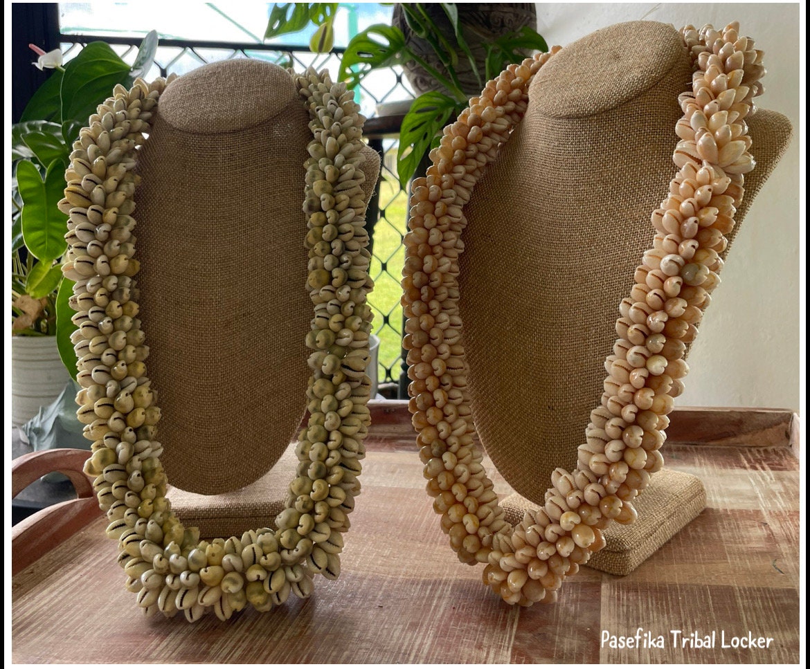 Authentic Cowerie Shell Lei, Natural Ribbon Tie Necklace, 30”