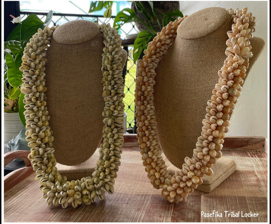 Authentic Cowerie Shell Lei, Natural Ribbon Tie Necklace, 30”