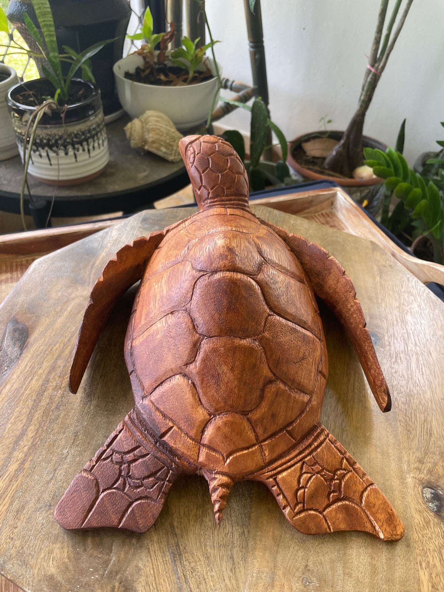 Hand Carved Hibiscus Wood Sea Turtle: Nautical Home Decor (8.5-10" Long)