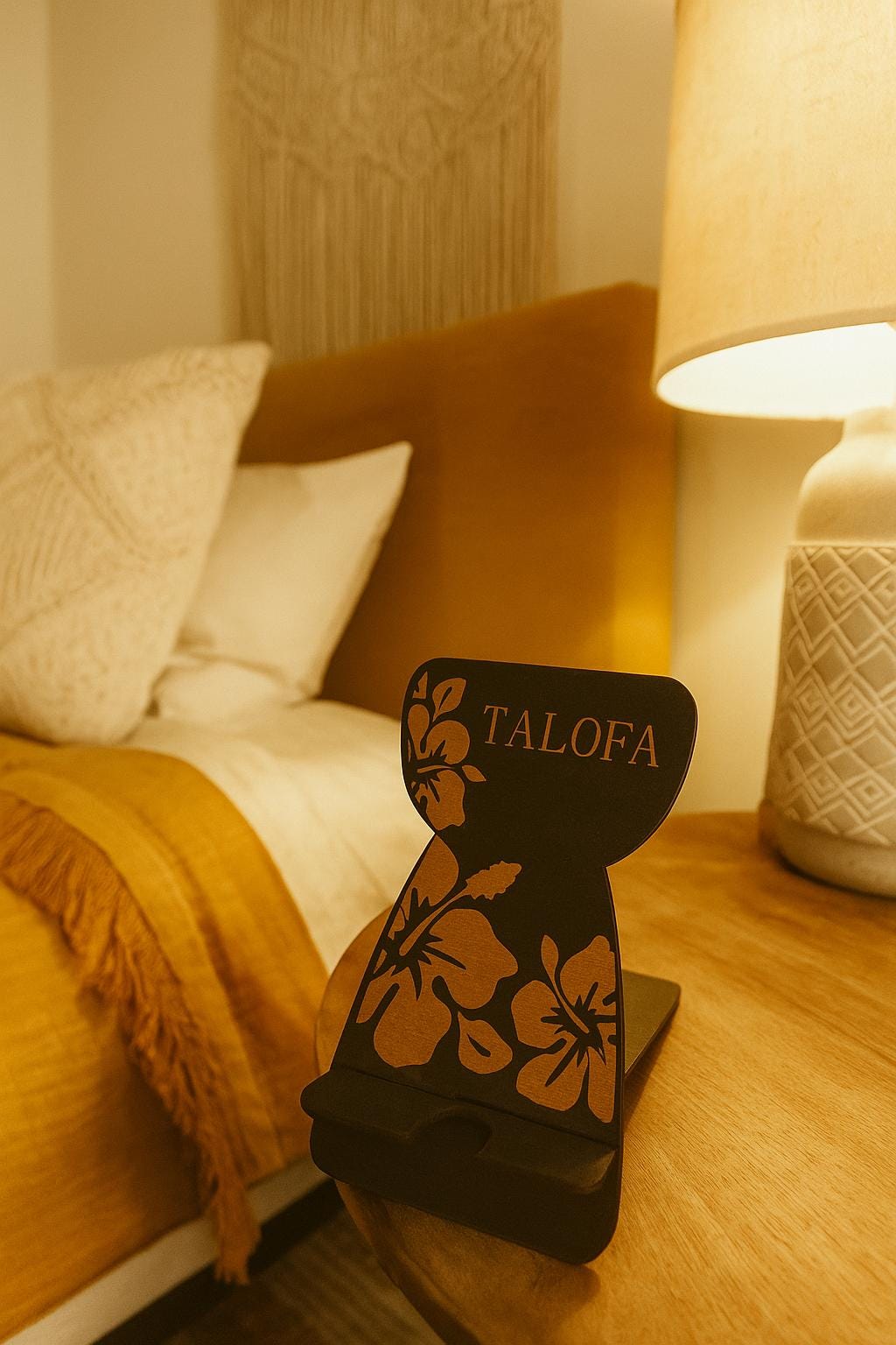 Customizable Micronesian, Polynesian Latte Stone Cell Phone Holder: Engraved Hibiscus Design