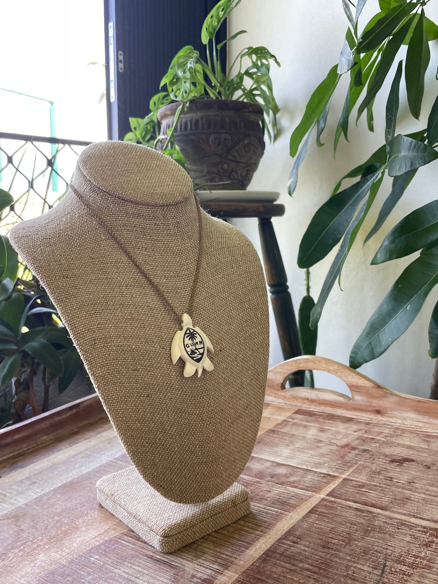 Handcarved Bone Guam Flag Sea Turtle Necklace – Adjustable Chamorro Jewelry